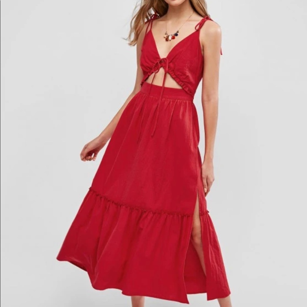 Zaful Cami Tie Front Tie Shoulder Slit Maxi Dress
